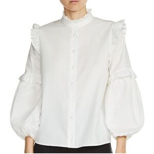 Maje Loutan Balloon-Sleeve Frilled High Neck Long Sleeve Ruffle Blouse